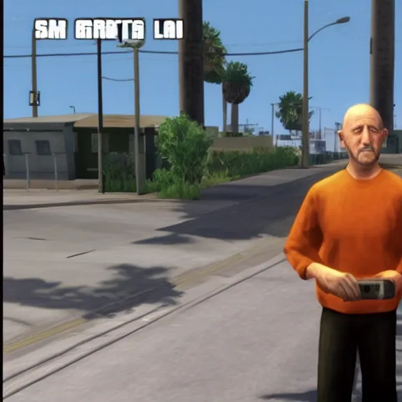 Prompt: Mike Ehrmantraut in Los Santos, screenshot from the PS2 version of GTA San Andreas, orange sky, screenshot from 2004, low quality graphics