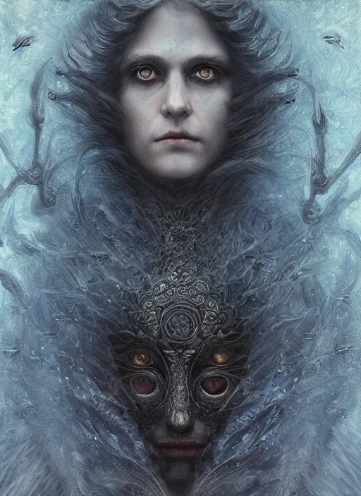 Image similar to Her huge ominous glowing blue eyes staring into my soul , realistic face, intricate stunning highly detailed, Seb McKinnon , agostino arrivabene, WLOP, twisted dark lucid dream, 8k portrait render, raven wings, swirling thick smoke , beautiful lighting, dark fantasy art, cgsociety