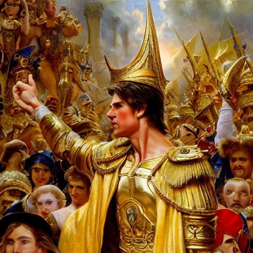 Prompt: tom cruise wearing a golden crown after overcoming his fear or death, standing above a cheering crowd, highly detailed painting by gaston bussiere and j. c. leyendecker 8 k