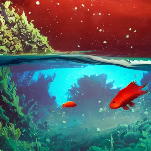 Image similar to underwater view of a strange alien world, some washed out red and green plant life, small alien fish swimming in the background, deep blue sea color, artstation