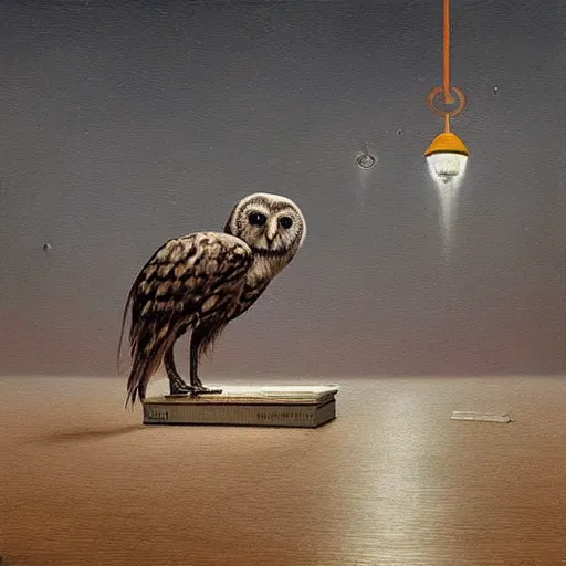 Image similar to Sapiential the smart but sad owl in style A Separate Reality: New Paintings of Dystopian Worlds by Alex Andreev