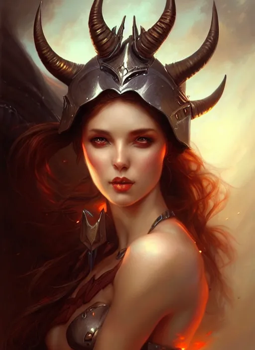 Image similar to a beautiful woman with horns and armor, painted by artgerm and tom bagshaw, fantasy art, dramatic lighting, highly detailed oil painting