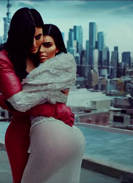 Image similar to film still of kylie Jenner hugging kim kardashian romanticly, scenic cyberpunk city backround, cinematic lighting, cinematic