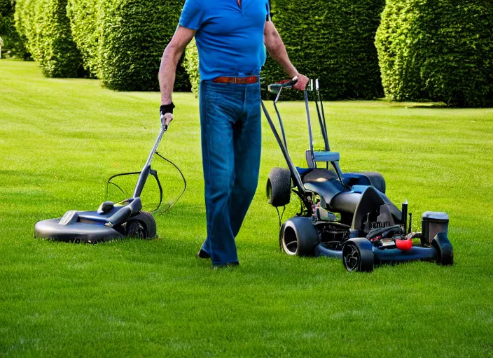 Image similar to pierce brosnan mowing the lawn, 8 k, 8 5 mm f 1. 8, studio lighting, rim light, right side key light