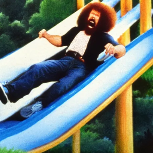 Image similar to bob ross screaming while going down a giant slide