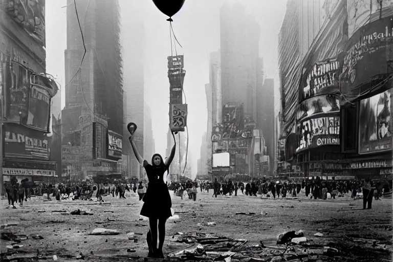 Prompt: photograph of a girl with balloon in Times Square after the apocalypse, by Ansel Adams ((black and white))