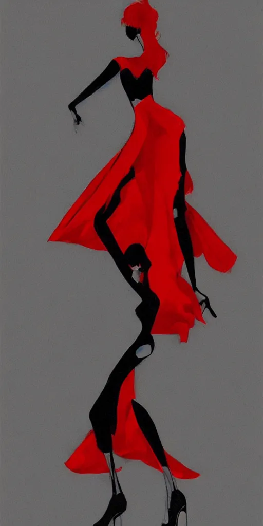 Prompt: sensual concept art of a red woman in a dress dancing, red shading, black baground, only red and black, patrick westwood style, red series, benjamin conalin style, artstation trending, high detail