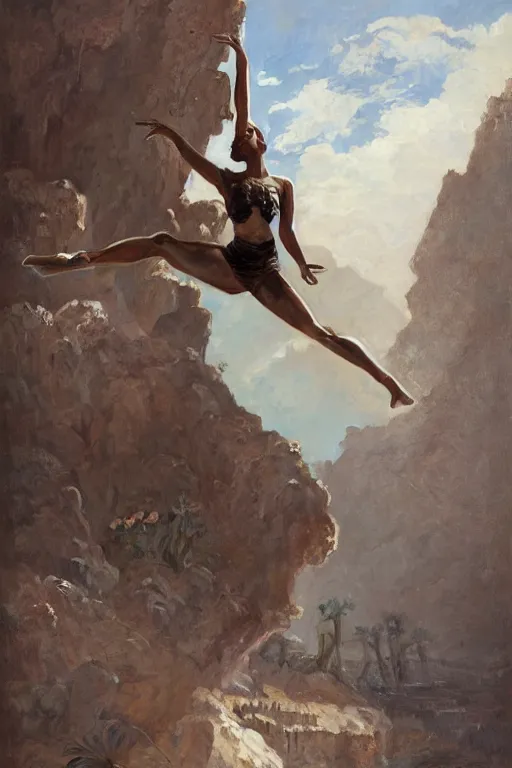 Image similar to a full body portrait of a beautiful post apocalyptic offworld desert gymnast leaping in ballet dance pose by the emerald oasis pools, intricate, elegant, highly detailed, digital painting, artstation, concept art, smooth, sharp focus, illustration, art by krenz cushart and artem demura and alphonse mucha