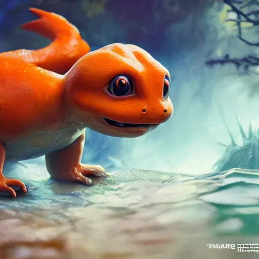 Image similar to a charmander made of water, ultra realistic, concept art, intricate details, highly detailed, photorealistic, octane render, 8 k, unreal engine, art by frank frazetta, simon bisley, brom