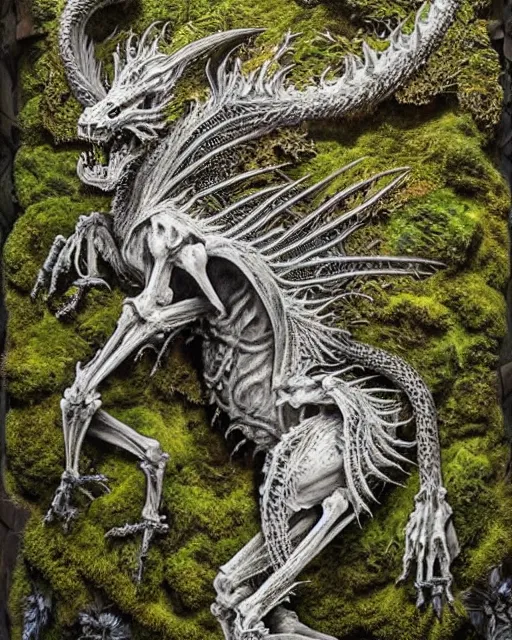 Image similar to white dragon skeleton covered in moss and flowers, intricate details, hyperrealistic, hr giger