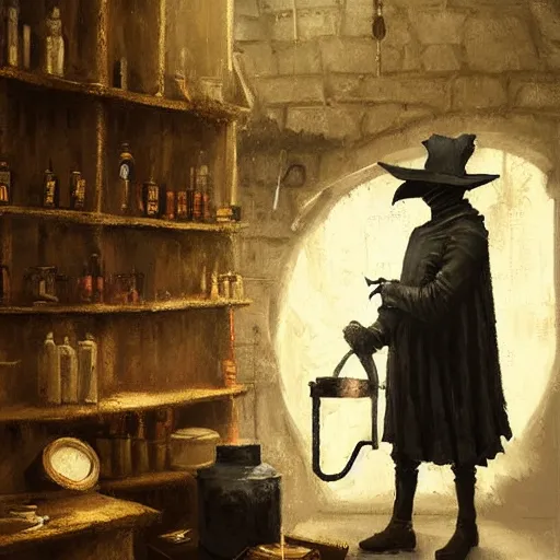 Image similar to plague doctor working in medieval apothecary, oil painting, by Greg Rutkowski