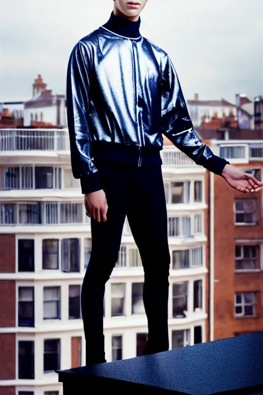 Image similar to un ultra high definition studio quality photographic art portrait of a young man standing on the rooftop of a british apartment building wearing soft padded silver pearlescent clothing. three point light. extremely detailed. golden ratio, ray tracing, volumetric light, shallow depth of field. set dressed.