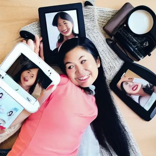 Prompt: an Instagram selfie of a sad smiling Asian woman in her 20s, Flatlay Theme