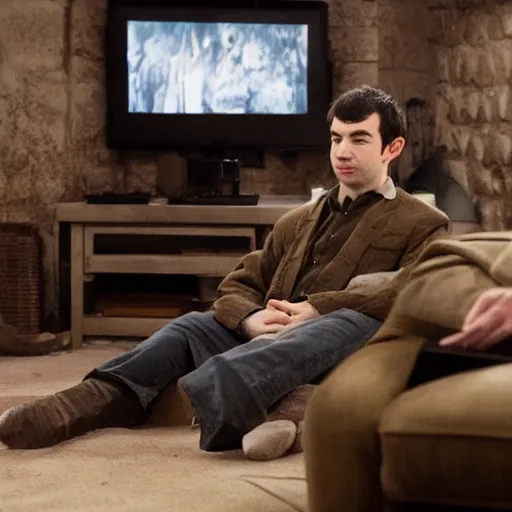 Image similar to nathan fielder watching lord of the rings in a basement