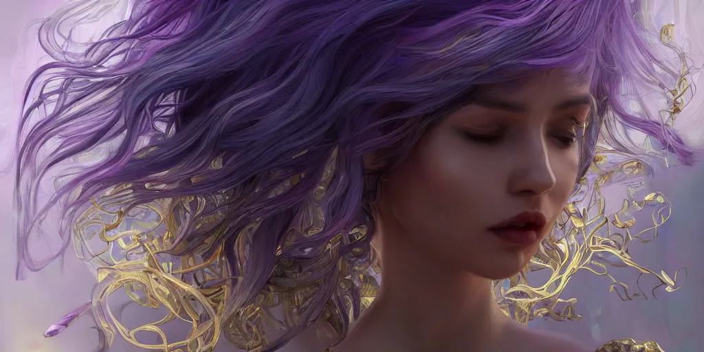 Image similar to wide angle, opalescent purple panther, metallic silver and ice color reflected crystal hair, leaping from babaob tree, fantasy, intricate, very beautiful, elegant, golden light, highly detailed, digital painting, artstation, concept art, smooth, sharp focus, unreal engine, art by wlop and tian zi and alphonse mucha