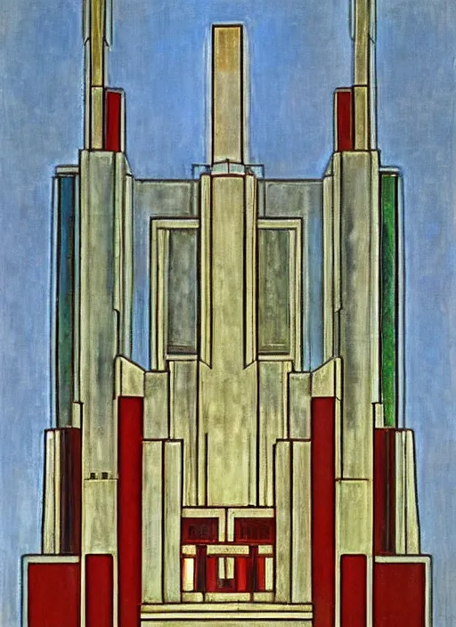 Prompt: artdeco cathedral by frank lloyd wright painted by piet mondrian