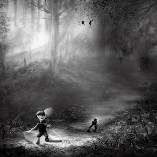 Image similar to a grave digger with remnants of angel wings is chasing a child through a creek in the woods, bad dream, hazy memory, volumetric, hyper realistic, dark black and white in the style of alvin schwartz, epic angles