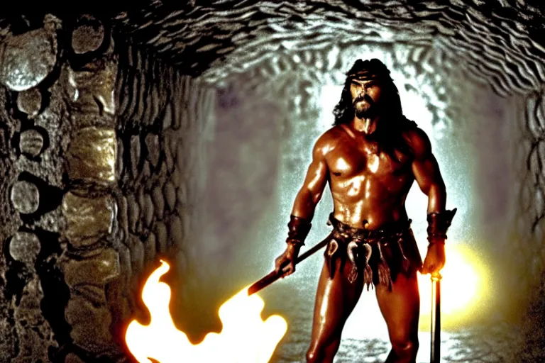 Image similar to film still from conan the barbarian, jason momoa as conan holding a torch in the catacombs of evil, fantasy armor, volumetric lighting, mist, wet skin and windblown hair, muscular!!!, masculine pose, ridley scott