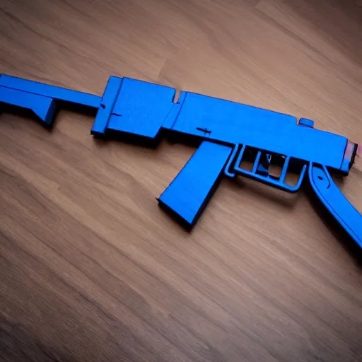 Image similar to a working ak - 4 7, 3 d printed using black and blue filament. 8 5 mm lens, f 1. 8.