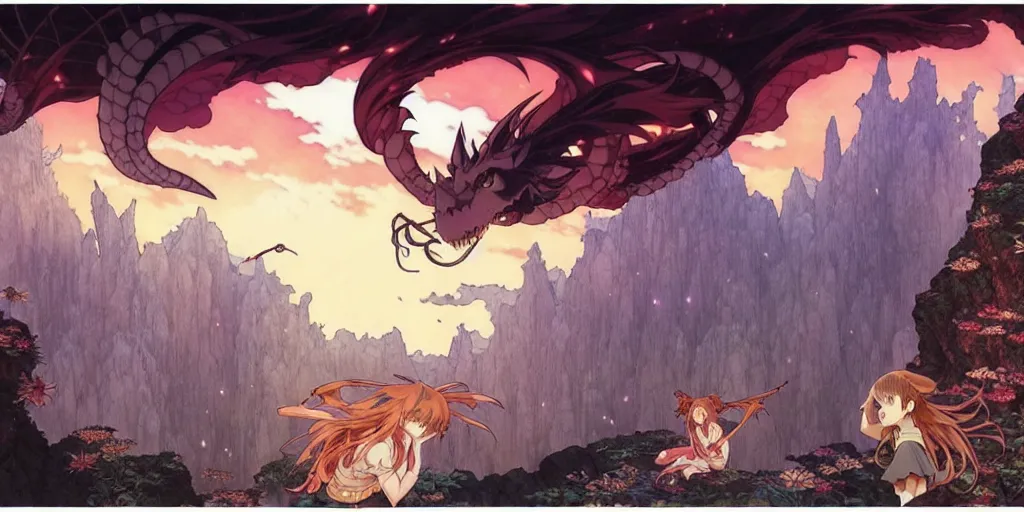 Image similar to the girl and the magic dragons cave. anime visual. torches, dark. by hayao miyazaki and rossdraws and artgerm and chie yoshii and alphonse mucha. anime production by studio ghibli. high quality, stunning, intricate detailed environment. 8 k