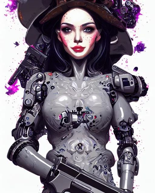 Image similar to A cybernetic witch wielding two Glock pistols, bust shot, smooth, intricate, elegant, power aura, digital painting, artstation, concept art, high tech fantasy, sharp focus, illustration, art by James Jean