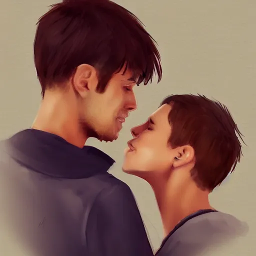 Prompt: Only after having met you did I rediscover that it's such a simple thing to be happy, men couple, illustration, realistic, digital painting, artstation, smooth lighting