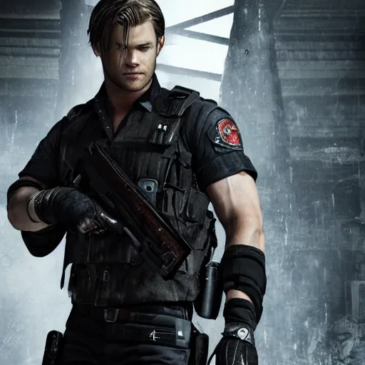 Image similar to chris hemsworth as leon kennedy in resident evil, 4k, high detail, high-resolution photograph, professional photography