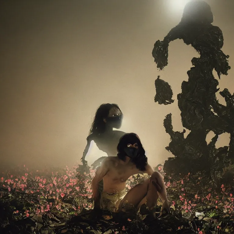 Image similar to The full body shot of beautiful pale woman with many flowers growing inside her and full-face black mask with glowing halo, a thick black smoke in rocky desert landscape, glowing eyes, falling star on the background, burning earth by Christopher Doyle, Gaspar Noe, Alejandro Jodorowsky, anamorphic lens, cinematic composition, award winning photo, 8k