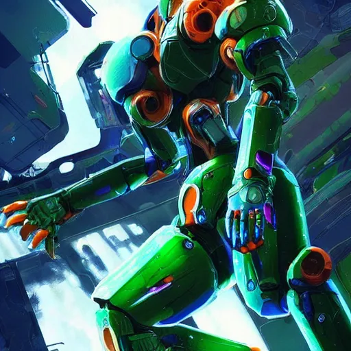 Prompt: highly detailed portrait of a hopeful mech suit Samus Aran with wavy blonde hair, by Dustin Nguyen, Akihiko Yoshida, Greg Tocchini, Greg Rutkowski, Cliff Chiang, 4k resolution, metroid inspired, mass effect inspired, vibrant but dreary green, orange, blue and black color scheme!!! ((blue sky with green metroid creatures background)),