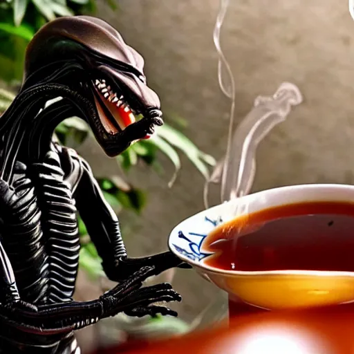 Image similar to xenomorph alien drinking chinese tea in a chinese tea house