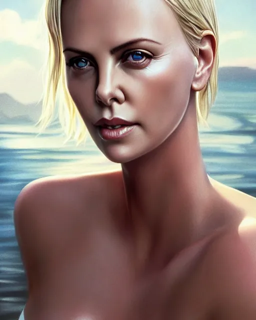 Prompt: charlize theron, photo, ultra detail, photoreal, professionally retouched, soft moonlight lighting, shiny plastic bikini, realistic, smooth face, goddess, luscious lips, perfect eyes, wide angle, sharp focus on eyes, 8 k high definition, insanely detailed, intricate, elegant, art by artgerm and wlop