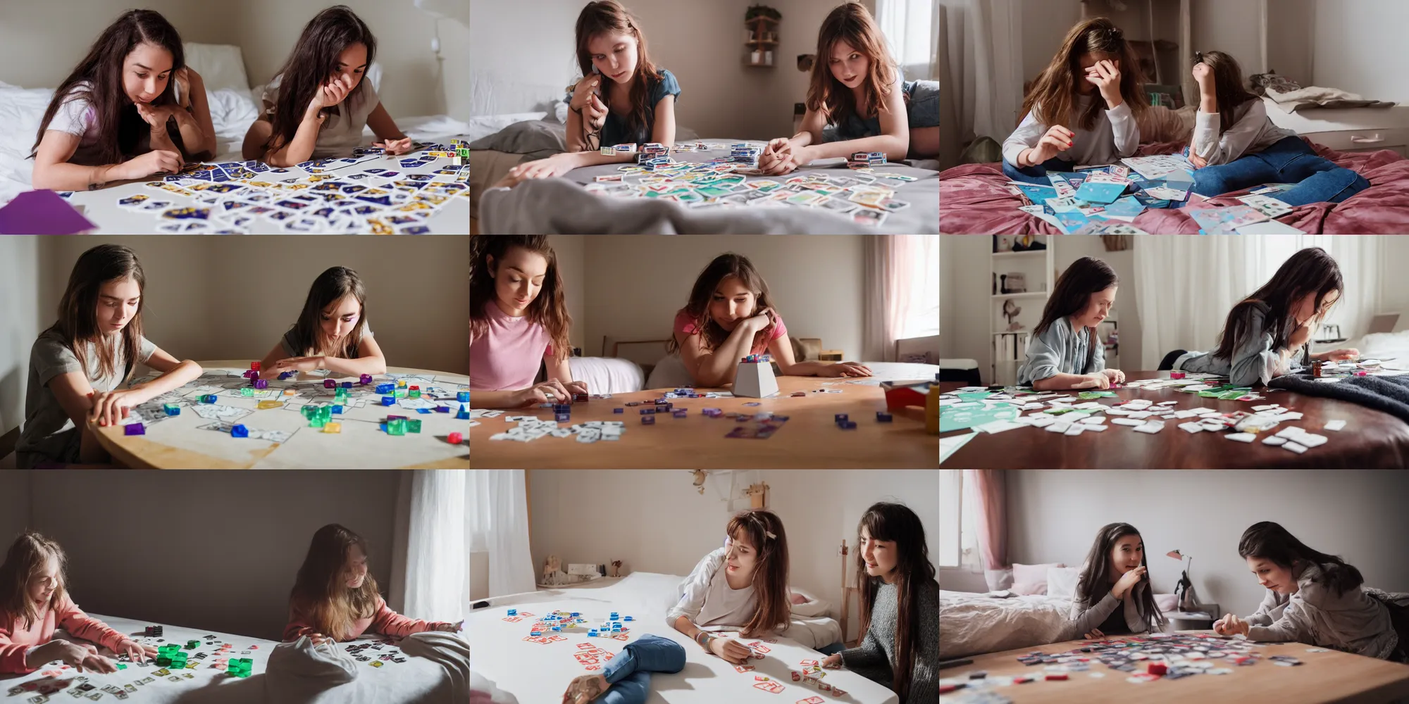 Prompt: girl playing a tabletop game alone in her bedroom