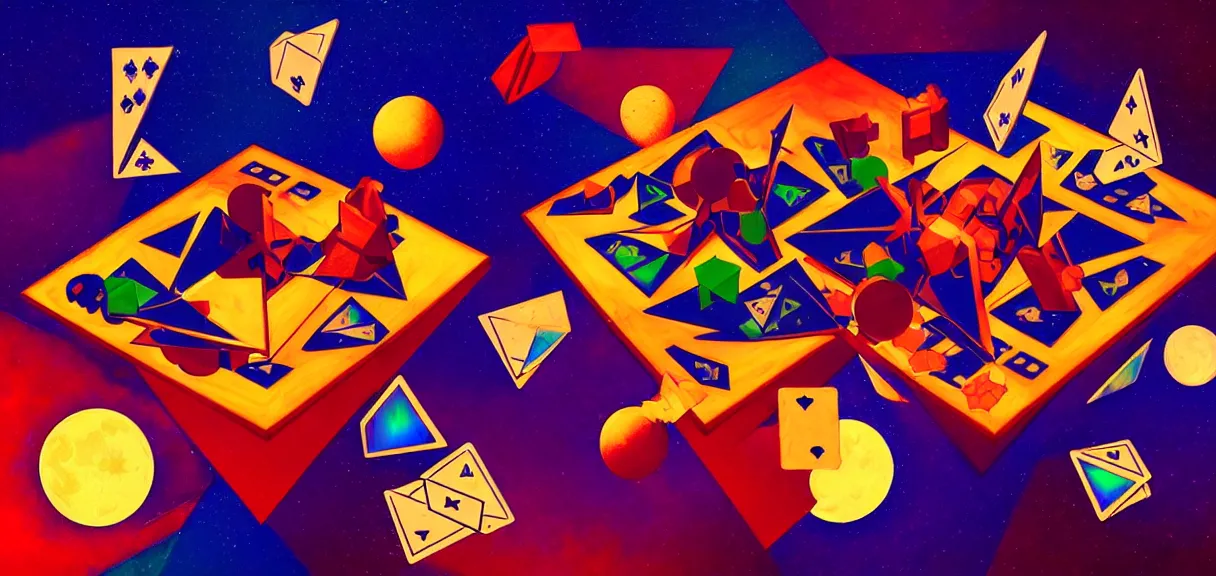 Prompt: post - minimalism comic abstract cubism portrait of devils playing dice, top down view, the moon orbiting other moons, iridescent clouds, vibrant color scheme, highly detailed, in the style of romanticism, cinematic, artstation, moebius, greg rutkowski