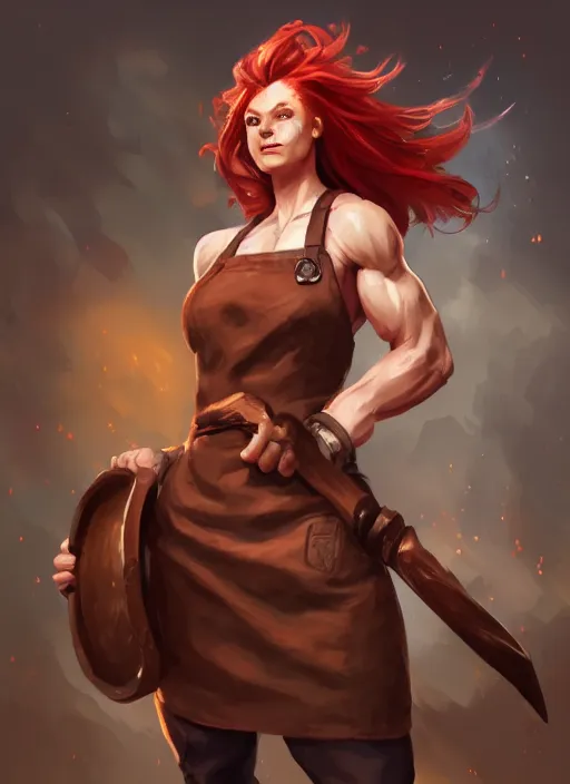 Prompt: a highly detailed illustration of fierce red haired blacksmith woman wearing apron, muscular, dramatic smile pose, intricate, elegant, highly detailed, centered, digital painting, artstation, concept art, smooth, sharp focus, league of legends concept art, wlop.