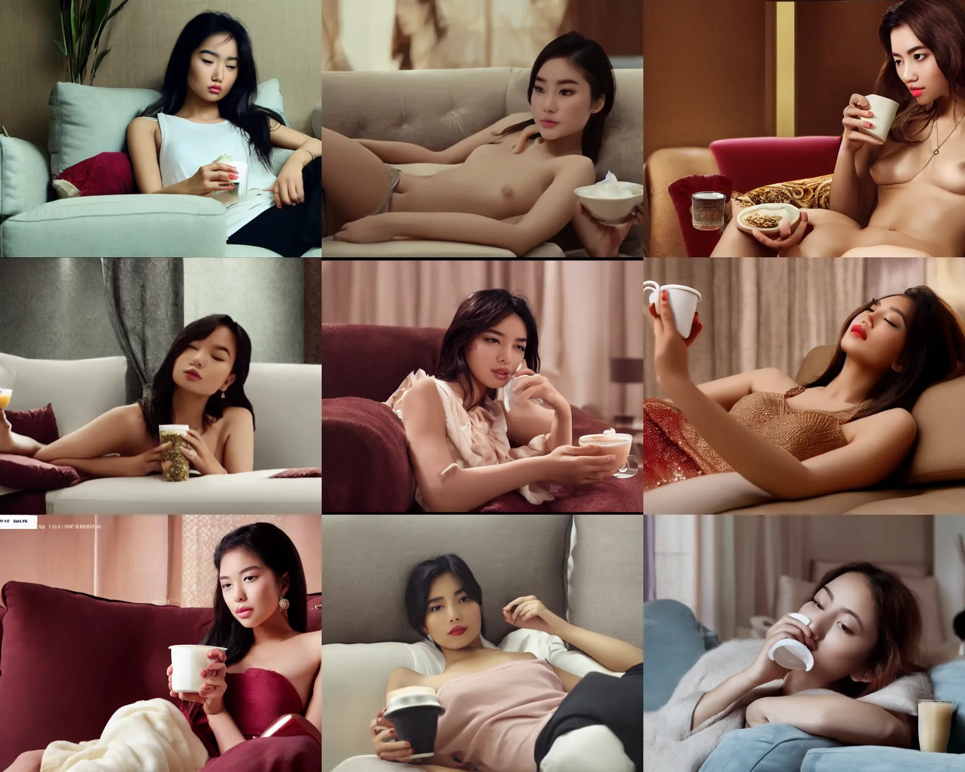 Prompt: a luxury scene of a young beauty lying on the sofa drinking milk tea, movie screen shot