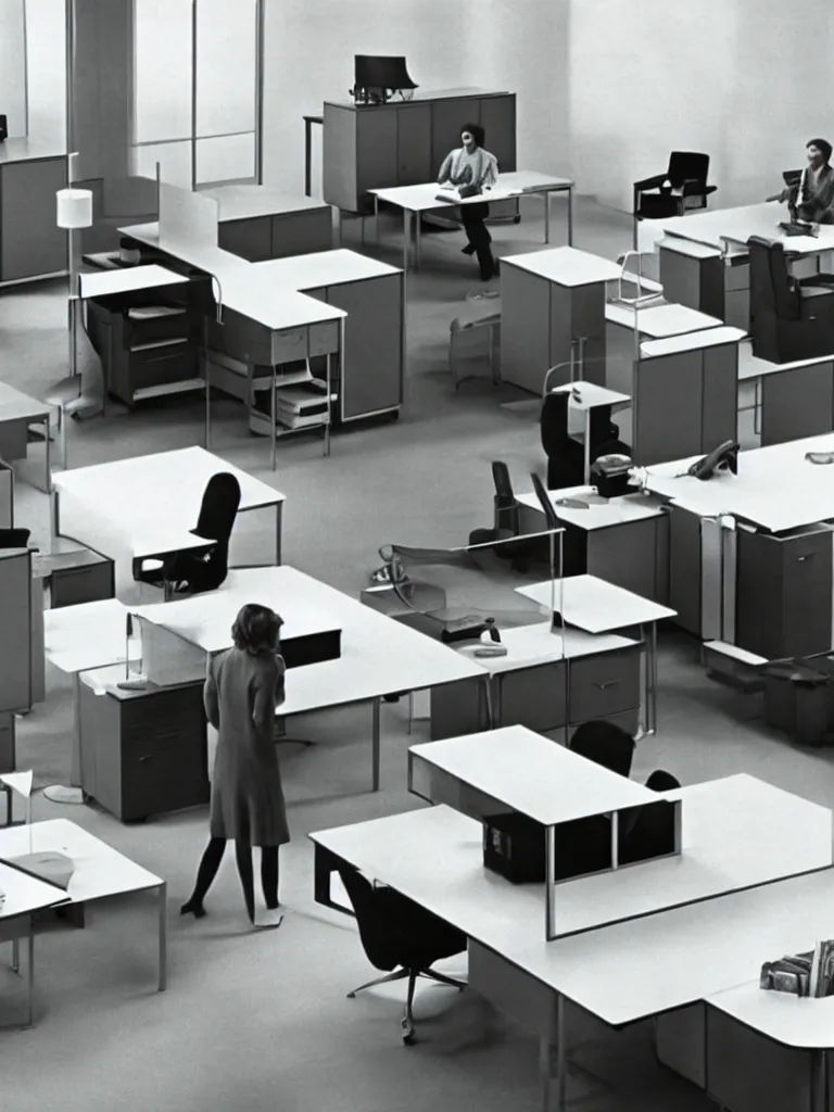 Image similar to a still of severance series indoor 7 0 s furniture office scenario appearing in a film of jacques tati