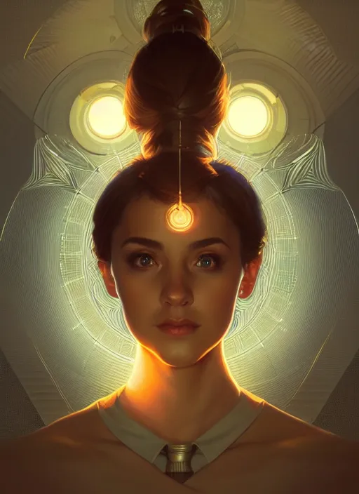 Image similar to symmetry!! portrait of office worker, glowing lights!! intricate, elegant, highly detailed, digital painting, artstation, concept art, smooth, sharp focus, illustration, art by artgerm and greg rutkowski and alphonse mucha