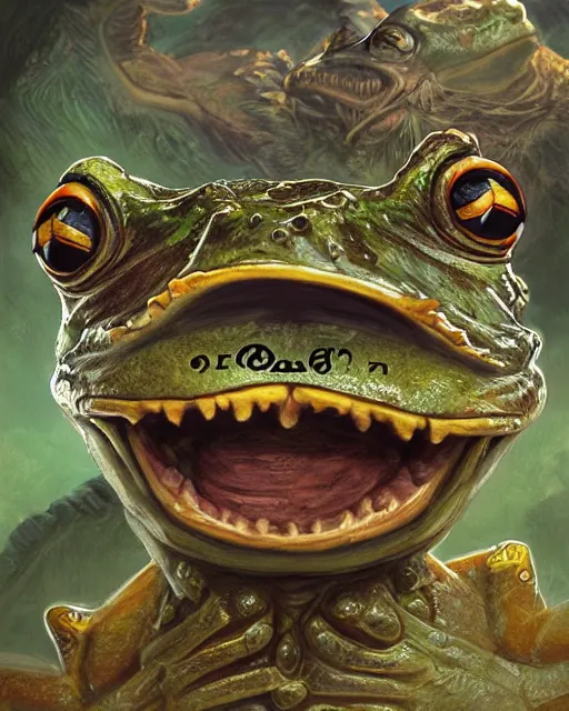 Prompt: digital painting of an aztec frog monster by filipe pagliuso and justin gerard, symmetric, fantasy, detailed, intricate, portrait, sharp focus, tarot card, handsome, gwent