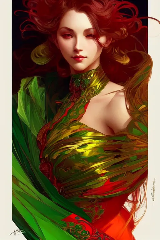 Image similar to green red yellow, dark fantasy, intricate, elegant, highly detailed, digital painting, artstation, concept art, matte, sharp focus, illustration, art by artgerm and alphonse mucha