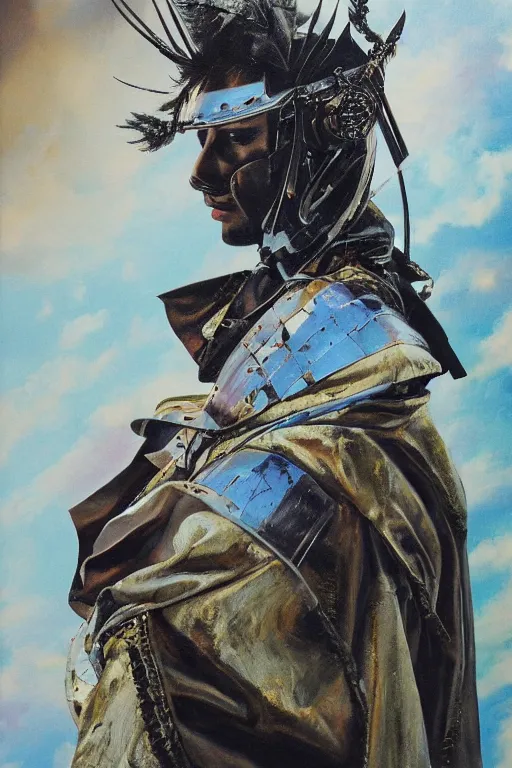 Image similar to hyperrealism oil painting, close - up portrait of medieval fashion model, warrior, steel gradient mixed with nebula sky, in style of baroque mixed with 7 0 s japan book art