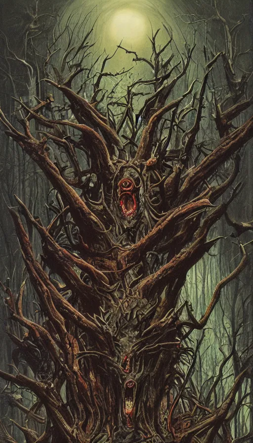 Image similar to a storm vortex made of many demonic eyes and teeth over a forest, by gerald brom,