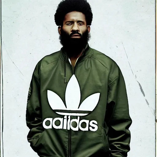 Image similar to black man with afro hair and raspy beard stubble, wearing an army green adidas jacket by dave mckean