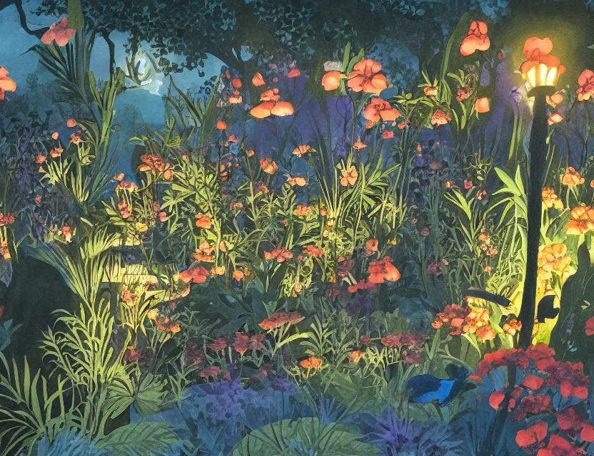 Prompt: dusk at the oasis. gouache painting by beloved children's book illustrator, chiaroscuro, bloom, backlighting, intricate details