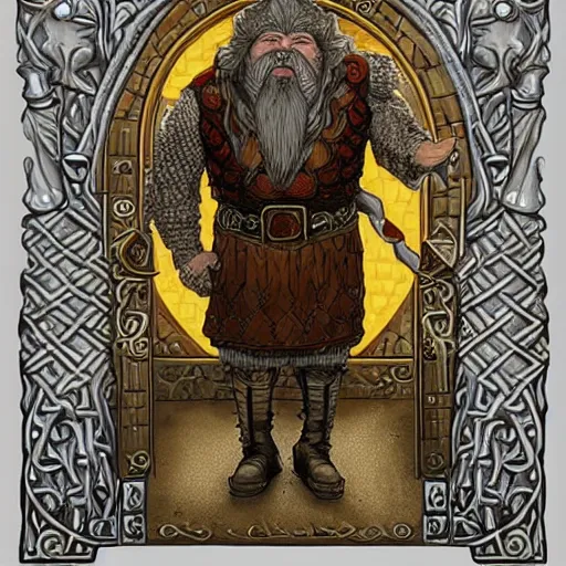 Image similar to a dwarven king he was on carven throne, in many - pillared halls of stone, with golden roof and silver floor, and runes of power upon the door, the light of sun and star and moon in shining lamps of crystal hewn, fantasy, intricate detail