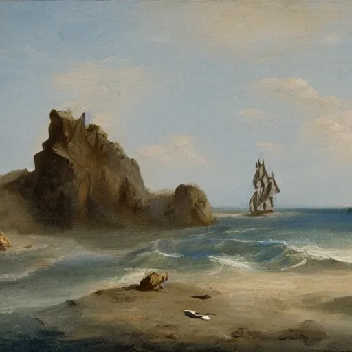 Image similar to A coast with sand and small rocks with a blue sky and a troubled sea and an old sailing ship on the horizon and in the sky is a flock of birds flying southwards, painted in oil colours