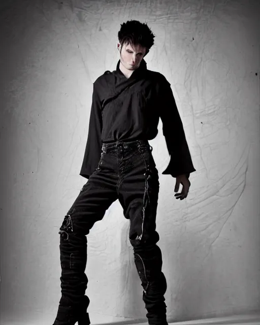 Prompt: an award - winning photo of a ominous male model wearing a boot cut flared distressed medieval designer menswear trousers designed by kapital, 4 k, studio lighting, wide angle lens, 2 0 0 4