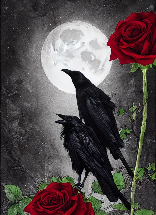 Image similar to portrait, A crow with red eyes in front of the full big moon, book cover, red roses, red white black colors, establishing shot, extremly high detail, foto realistic, cinematic lighting, pen and ink, intricate line drawings, by Yoshitaka Amano, Ruan Jia, Kentaro Miura, Artgerm, post processed, concept art, artstation, matte painting, style by eddie mendoza, raphael lacoste, alex ross