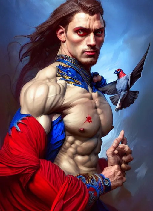 Image similar to portrait of aggressive pigeon humanoid, d & d, muscular! blue and red, fantasy, intricate, elegant, highly detailed, digital painting, artstation, concept art, smooth, sharp focus, illustration, art by artgerm and greg rutkowski and alphonse mucha