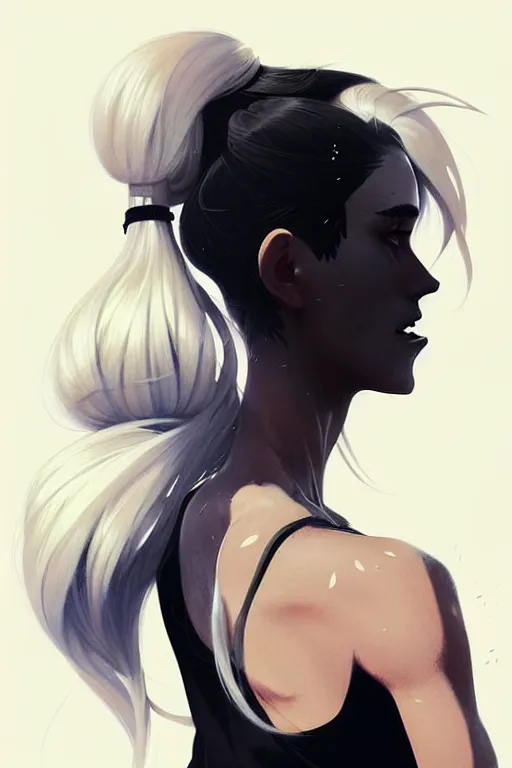 Image similar to a ultradetailed beautiful painting of a stylish woman in with white hair in a ponytail, she is wearing a black tank top, by conrad roset, greg rutkowski and makoto shinkai trending on artstation