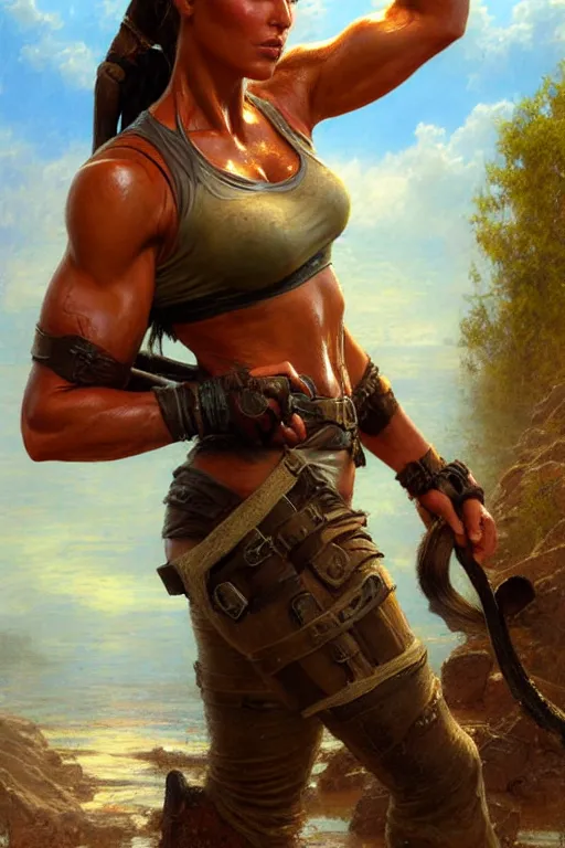 Image similar to muscular sweat lara croft, standing on river, covers with mud exhausted face close up, highly detailed painting by gaston bussiere, craig mullins, j. c. leyendecker 8 k